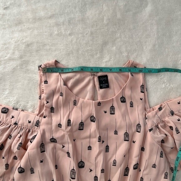 City Streets Cold Ruffle Shoulder Light  Pink Birdcage Printed Dress - Picture 9 of 12